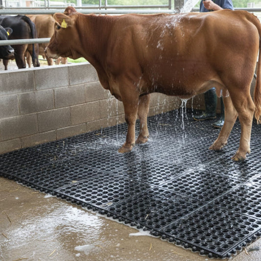 Brown cow being washed on a black rubber mat with water splashing around.