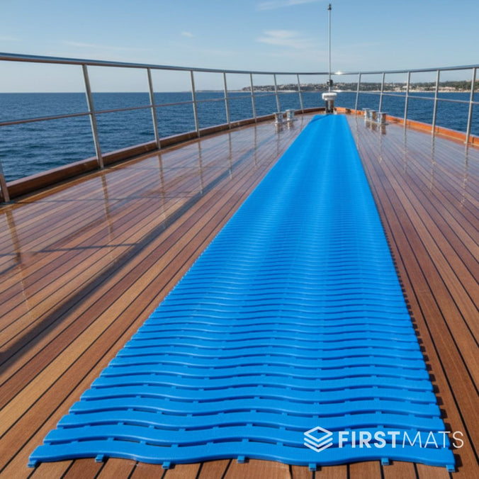 Blue PVC duckboard matting on a yacht deck