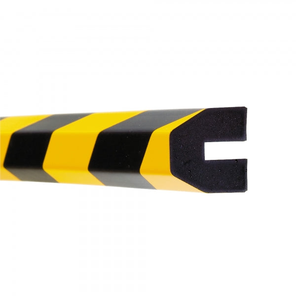 A black and yellow push-fit profile foam impact protector with a striped pattern.