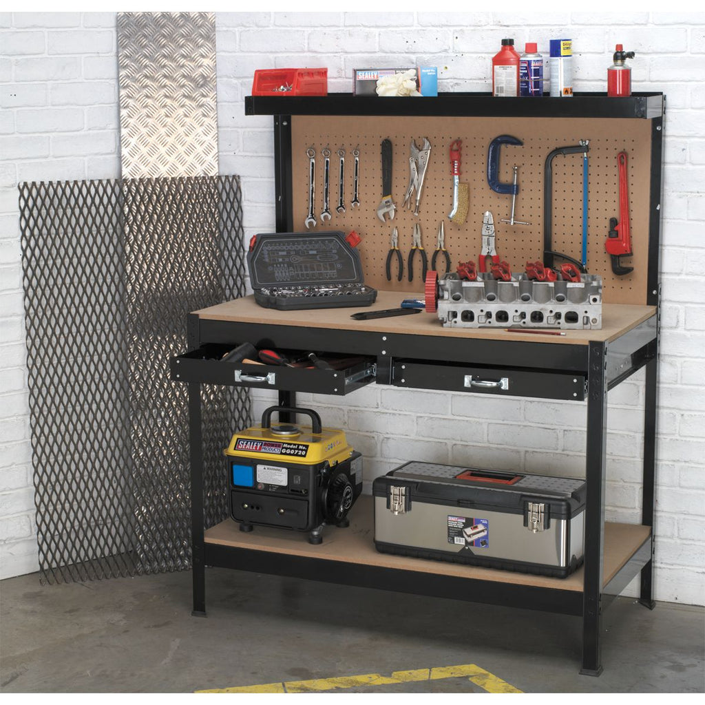 Heavy Duty Workstation with Drawers and Pegboard act in workshop (4634657816611)