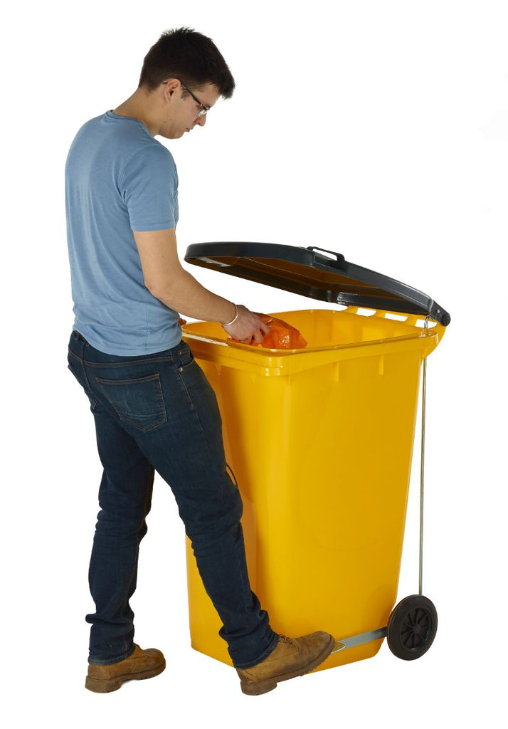 Wheelie Bin with Foot Pedal Operated Lid yellow in use (4585769009187)