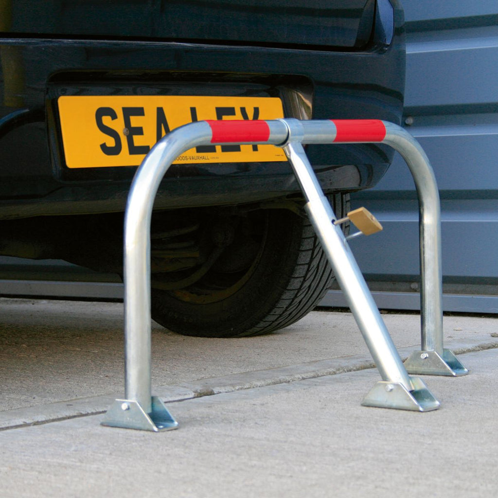Steel Triple Leg Folding Parking Barrier - Padlocked act in front of car (4634657292323)