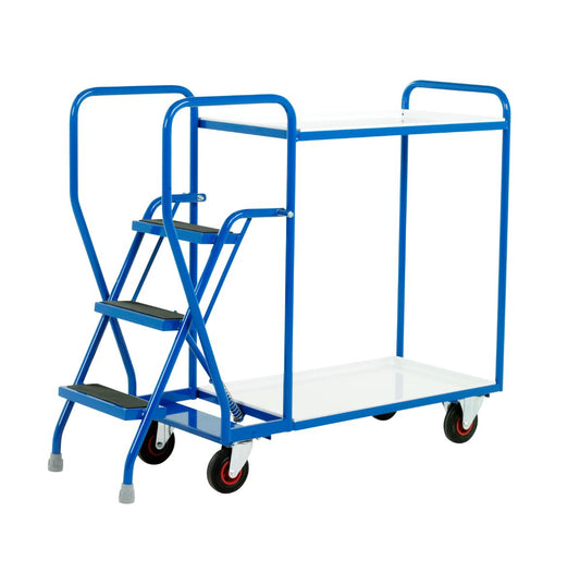 3 Step Warehouse Picking Trolley - Reversible White Shelves 2 tiers