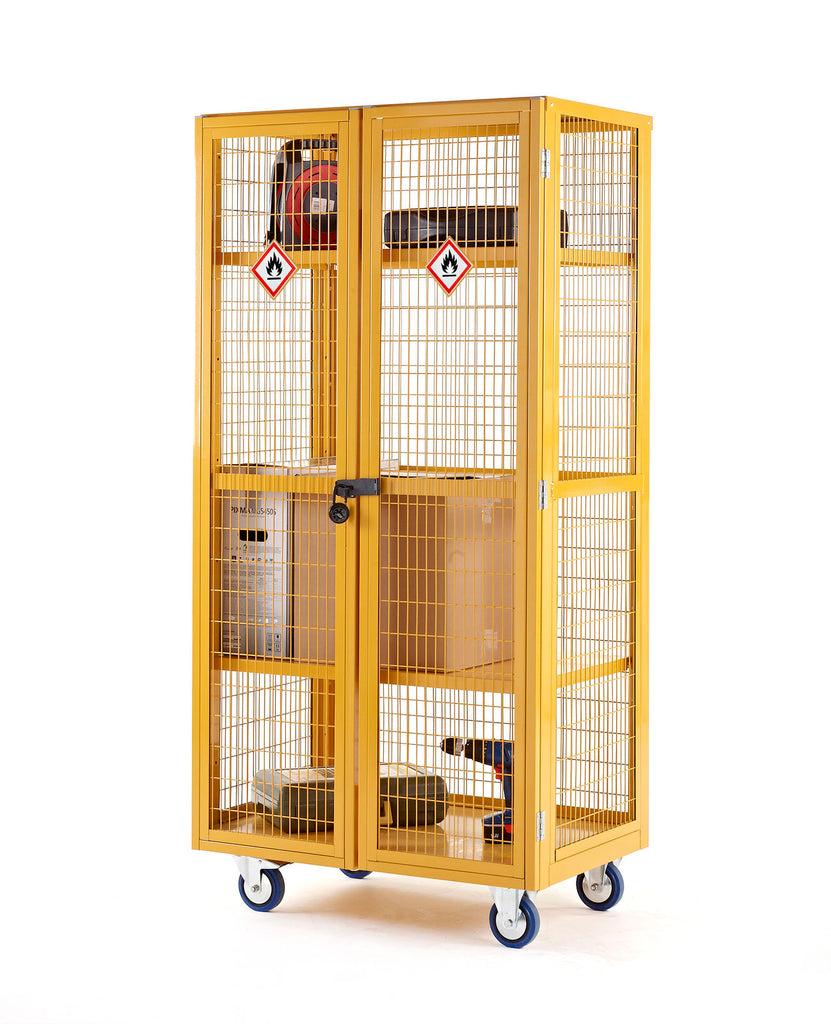 XD199060HZMY Lockable Hazardous Cage Trolley with Steel Shelves with props (4482658238499)